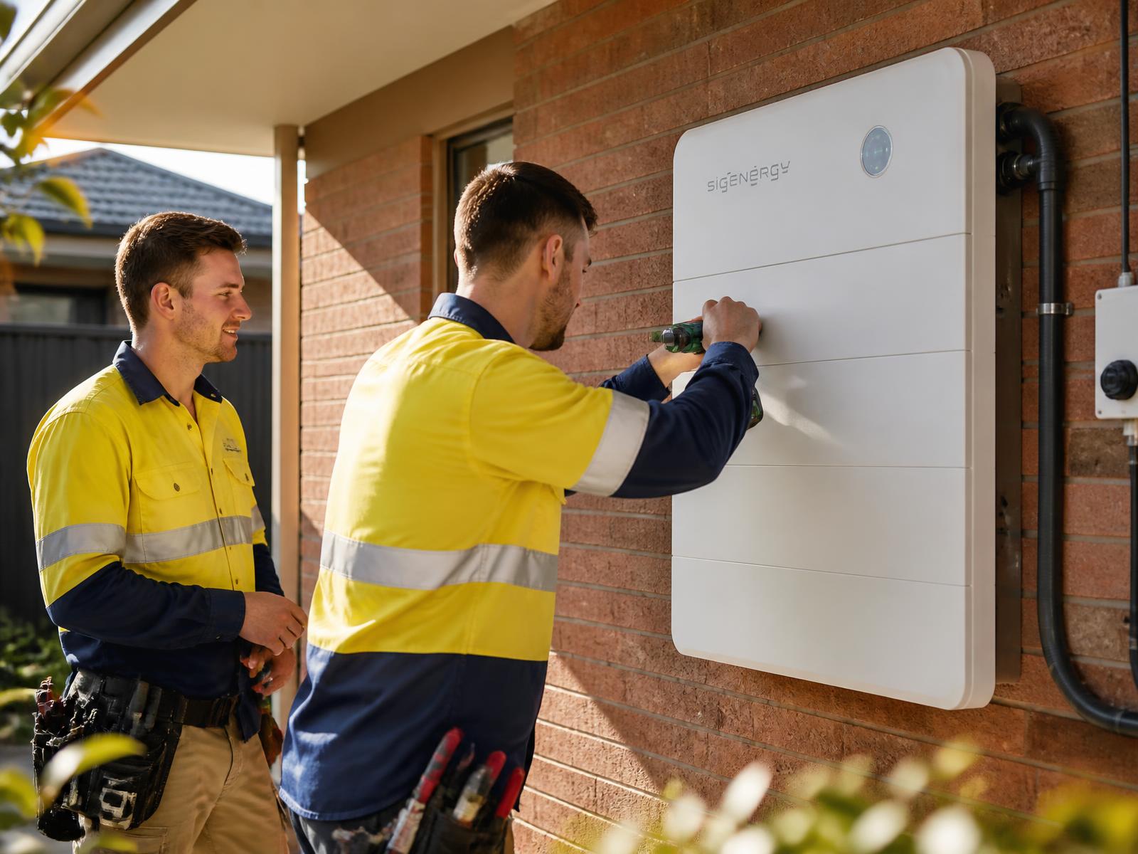 Two accredited installers mounting a home battery in Australia